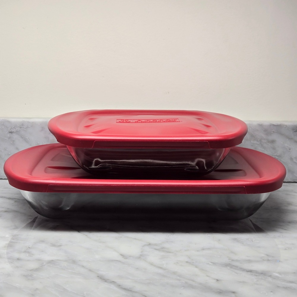 Anchor Hocking Glass Bakeware Set 2‎ Piece Rectangular Baking Dishes w/ Red Lids